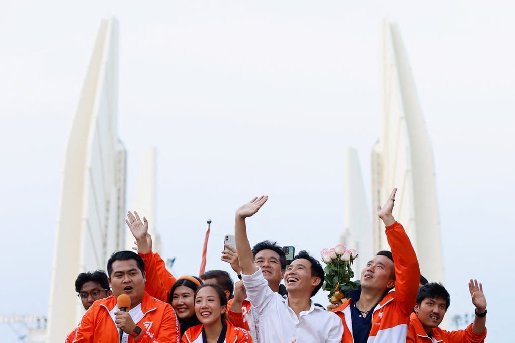 Pita Limjaroenrat and Move Forward Party candidates celebrate with supporters in Bangkok on May 15, 2023. Photo: Reuters Pita Limjaroenrat and Move Forward Party candidates celebrate with supporters in Bangkok on May 15, 2023. Photo: Reuters