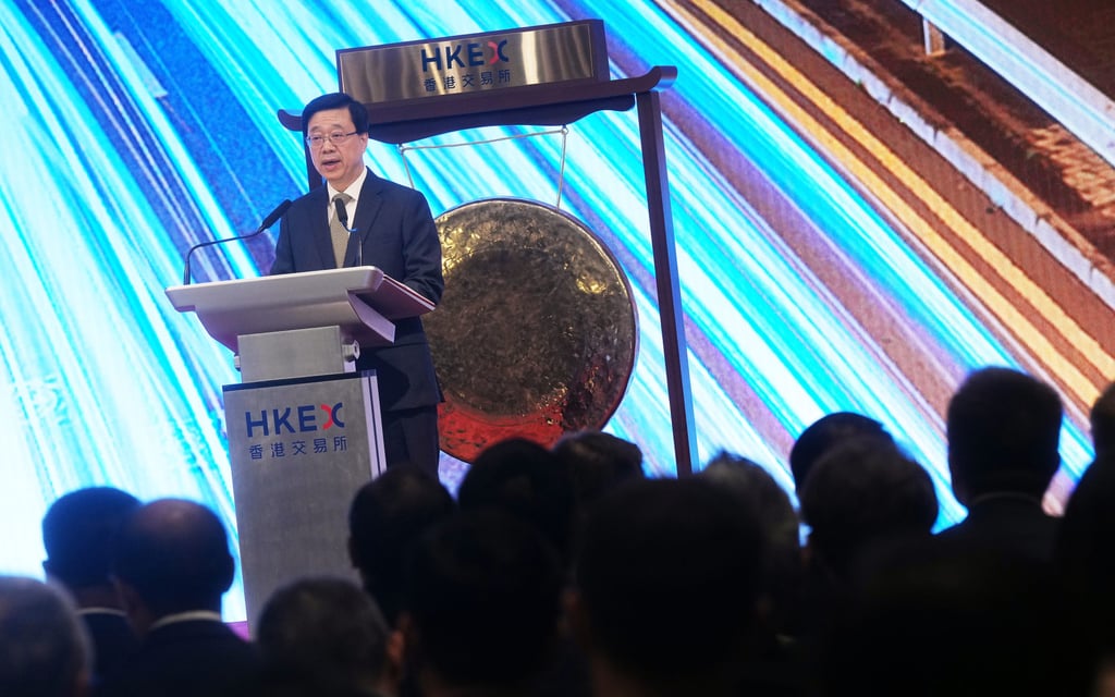 Hong Kong’s Chief Executive John Lee Ka-chiu spoke at a ceremony to kick off the Swap Connect at the Hong Kong stock exchange on May 15, 2023. Photo: Elson Li
