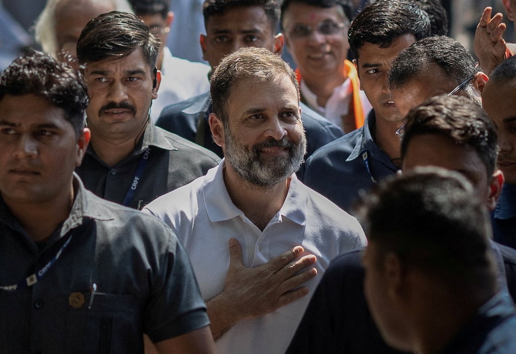 Rahul Gandhi, a senior leader of India’s main opposition Congress party, arrives to address the media at the party headquarters in New Delhi after the initial poll results from Karnataka’s state elections. Photo: Reuters