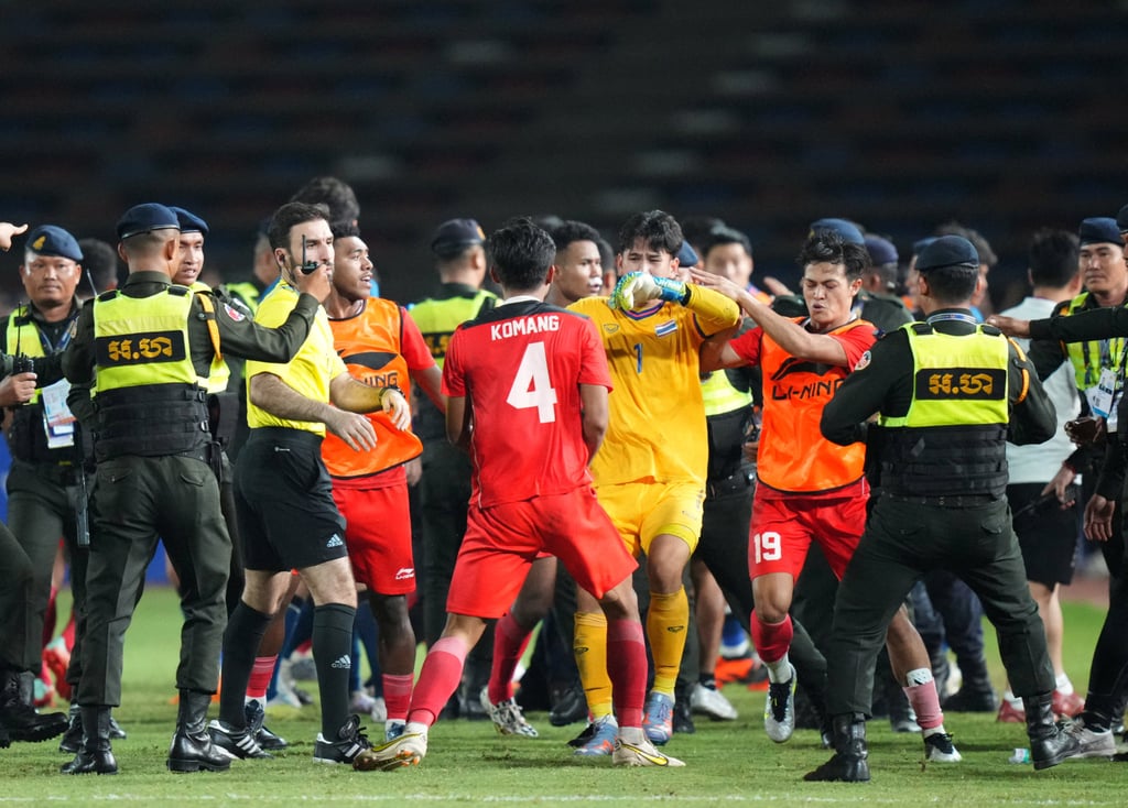 Stadium security staff try to separate Thai and Indonesian players during one of the brawls. Photo: Reuters