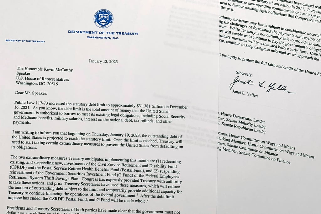 A letter from US Treasury Secretary Janet Yellen to House Speaker Kevin McCarthy, notifying Congress that the United States is projected to reach its debt limit soon and resort to “extraordinary measures” to avoid default. Photo: AP A letter from US Treasury Secretary Janet Yellen to House Speaker Kevin McCarthy, notifying Congress that the United States is projected to reach its debt limit soon and resort to “extraordinary measures” to avoid default. Photo: AP
