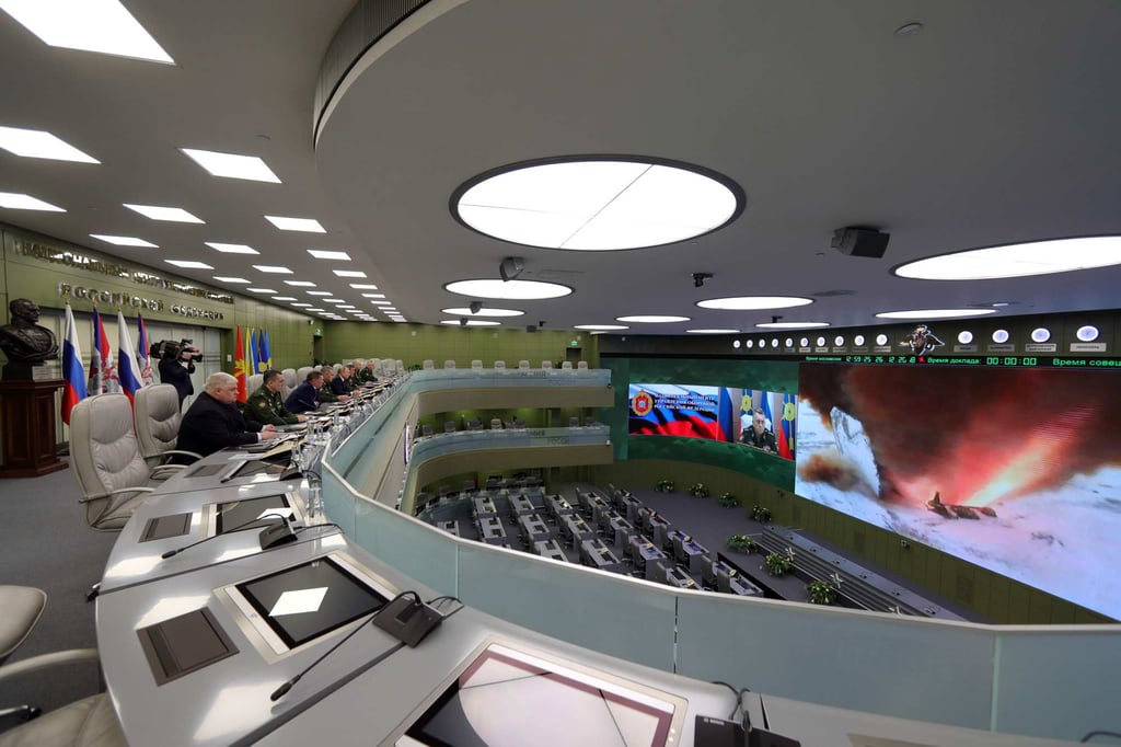 Russian President Vladimir Putin (fifth from left) visits the national defence control centre in Moscow to oversee the test launch of the Avangard hypersonic missile in December 2018. Photo: Sputnik via AFP Russian President Vladimir Putin (fifth from left) visits the national defence control centre in Moscow to oversee the test launch of the Avangard hypersonic missile in December 2018. Photo: Sputnik via AFP