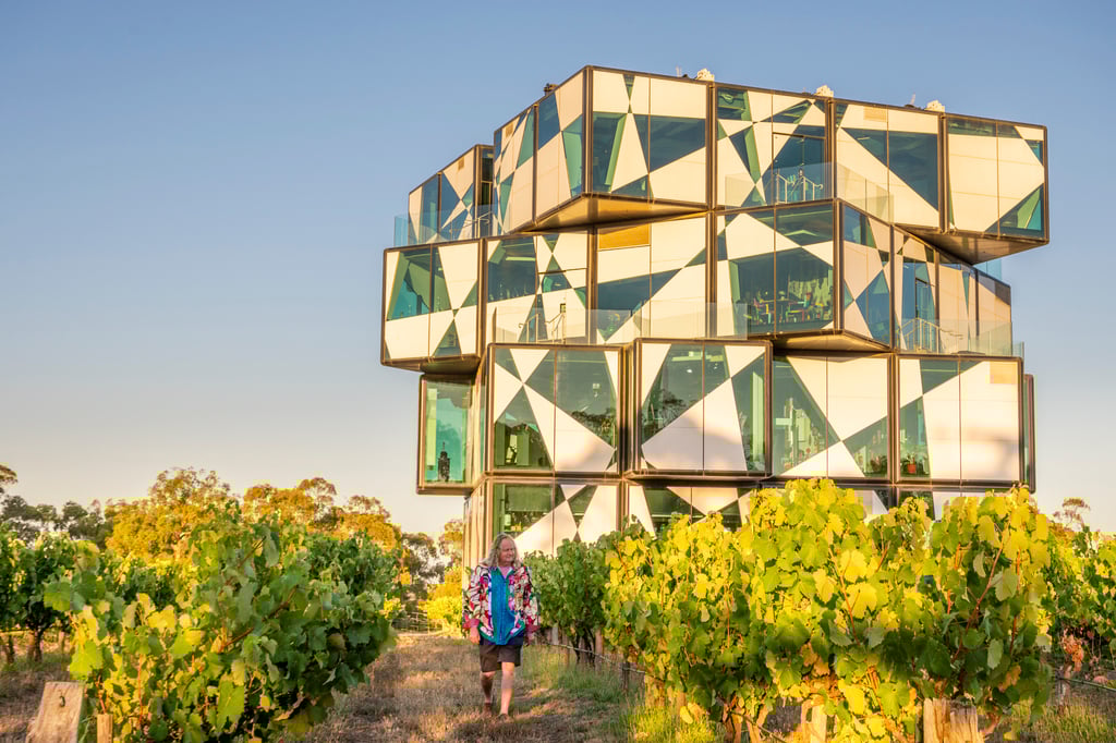 Chester Osborn, the owner of d’Arenberg winery, in front of the d’Arenberg Cube, a five-storey building that includes the Singapore Circus restaurant, a wine tasting room and the Alternate Realities Museum. Photo: d’Arenberg Chester Osborn, the owner of d’Arenberg winery, in front of the d’Arenberg Cube, a five-storey building that includes the Singapore Circus restaurant, a wine tasting room and the Alternate Realities Museum. Photo: d’Arenberg