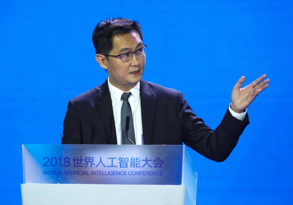 Pony Ma Huateng, founder and CEO of Tencent, delivers a speech during the World Artificial Intelligence Conference in Shanghai in 2018. Photo: STR/AFP Pony Ma Huateng, founder and CEO of Tencent, delivers a speech during the World Artificial Intelligence Conference in Shanghai in 2018. Photo: STR/AFP