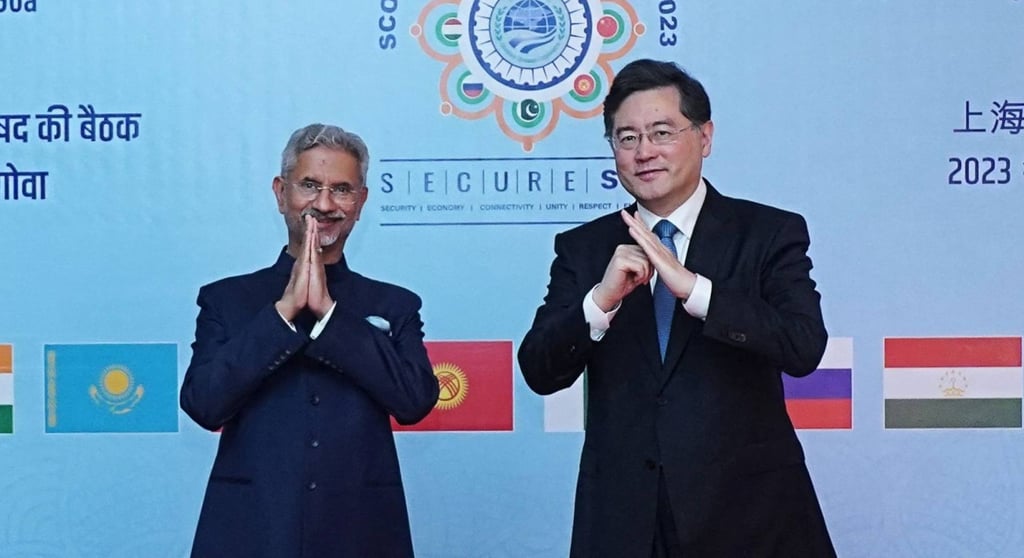 India’s Minister of External Affairs S Jaishankar (left) with Chinese foreign minister Qin Gang during a Shanghai Cooperation Organisation Council meeting in Benaulim on May 5. Photo: AFP/Indian Ministry of External Affairs