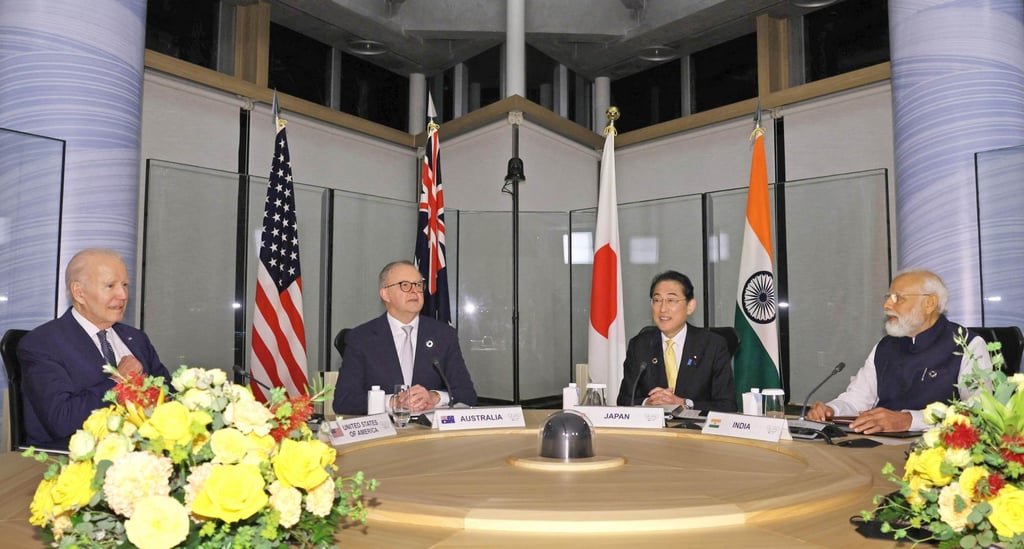 From left, US President Joe Biden, Australian Prime Minister Anthony Albanese, Japanese Prime Minister Fumio Kishida and Indian Prime Minister Narendra Modi attend a Quad summit on Saturday in Hiroshima, Japan. Photo: Kyodo