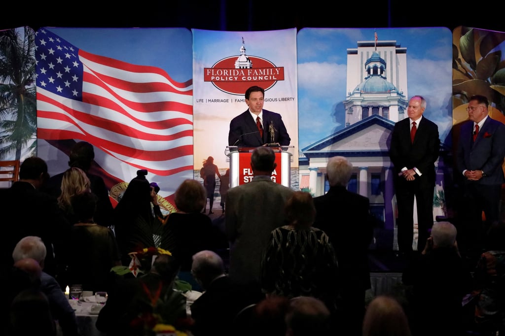 Florida Governor Ron DeSantis, a Republican and possible US presidential candidate, speaking in Orlando on Saturday. Photo: Reuters Florida Governor Ron DeSantis, a Republican and possible US presidential candidate, speaking in Orlando on Saturday. Photo: Reuters