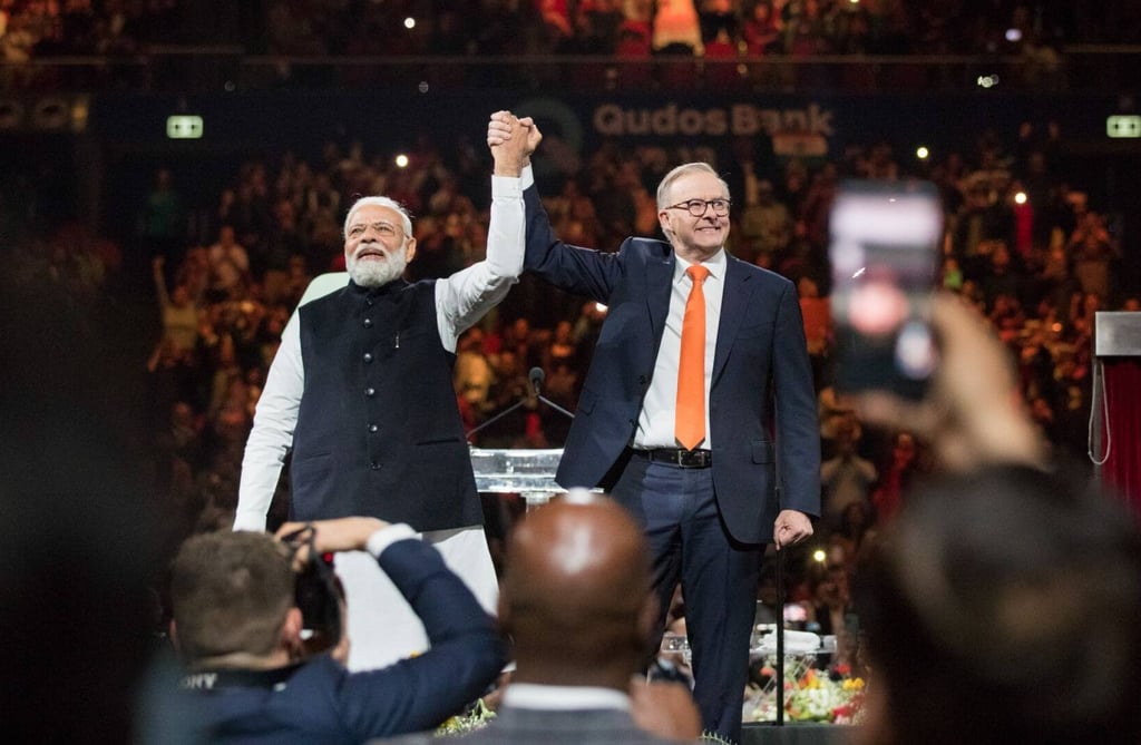 Indian Prime Minister Narendra Modi spoke about India’s global highlights as an economic, technology and political powerhouse and Australian Prime Minister Anthony Albanese’s welcome address also carried similar undertones. Photo: Bloomberg