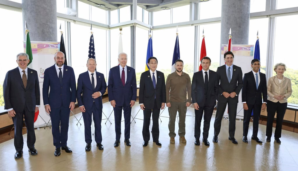 G7 leaders pose for a photo before a working session during the G7 Summit in Hiroshima, Japan, on Sunday. Photo: via AP
