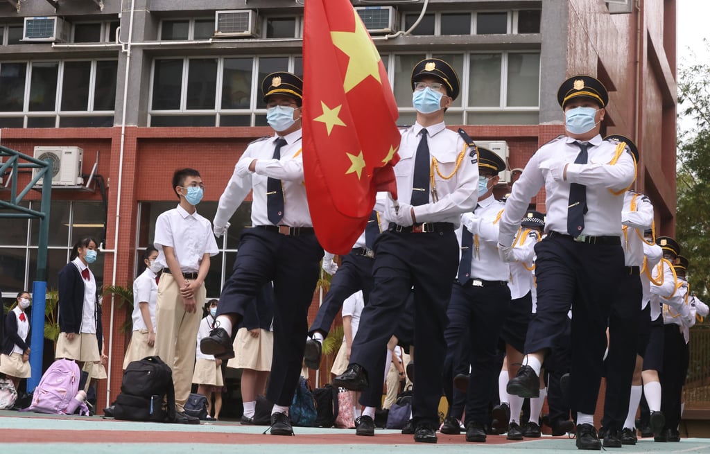 Pupils at the Gertrude Simon Lutheran College in Yuen Long celebrate a previous National Security Education Day. Photo: K.Y. Cheng Pupils at the Gertrude Simon Lutheran College in Yuen Long celebrate a previous National Security Education Day. Photo: K.Y. Cheng