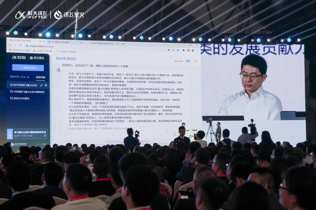 Liu Cong, an iFlytek vice-president and head of its research operations, is seen on stage and on the large screen at the Chinese artificial intelligence firm’s launch of its SparkDesk chatbot in Hefei, capital of eastern Anhui province, on May 6, 2023. Photo: Handout Liu Cong, an iFlytek vice-president and head of its research operations, is seen on stage and on the large screen at the Chinese artificial intelligence firm’s launch of its SparkDesk chatbot in Hefei, capital of eastern Anhui province, on May 6, 2023. Photo: Handout