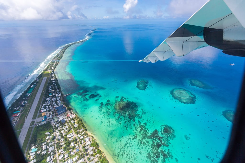 An aerial view of Funafuti atoll and the runway of the international airport in Vaiaku, Tuvalu. Photo: Getty Images