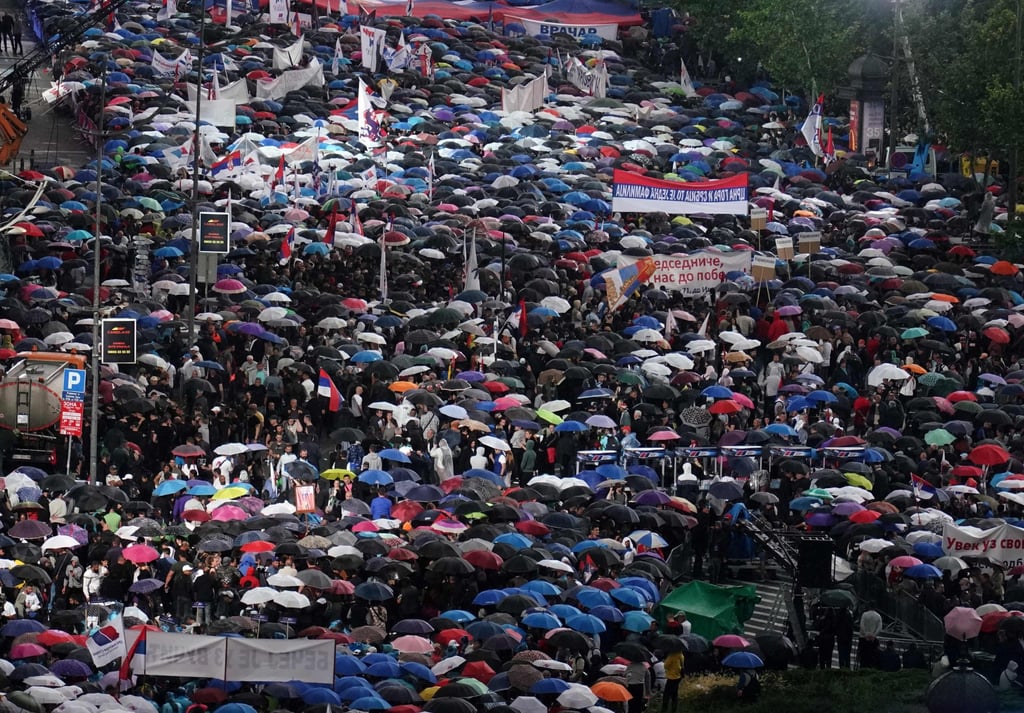Supporters of Serbian president Aleksandar Vucic take part in a pro-government rally in Belgrade, Serbia on Friday. Photo: AFP Supporters of Serbian president Aleksandar Vucic take part in a pro-government rally in Belgrade, Serbia on Friday. Photo: AFP
