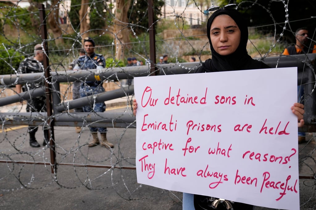 A supporter of Lebanese citizens detained in the United Arab Emirates protests in front of the Foreign Ministry in downtown Beirut, Lebanon on May 15. Photo: AP