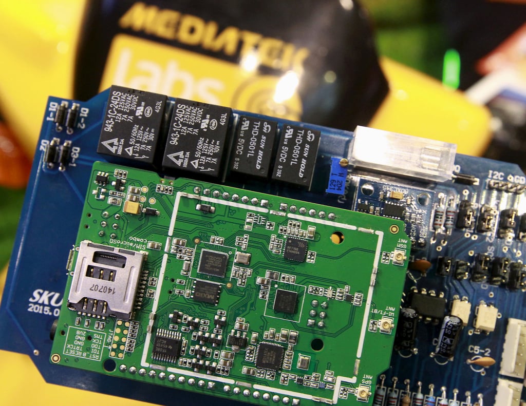 MediaTek-designed chips are seen on a development board at the company’s booth at the Computex exhibition in Taipei, Taiwan, on June 3, 2015. Photo: Reuters MediaTek-designed chips are seen on a development board at the company’s booth at the Computex exhibition in Taipei, Taiwan, on June 3, 2015. Photo: Reuters
