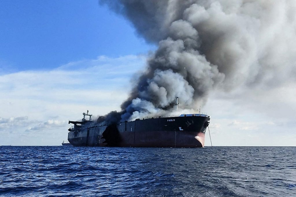 The oil tanker Pablo is seen on fire off Malaysia’s southern coast on May 2 during its journey from China to Singapore. Photo: Malaysian Maritime Enforcement Agency Handout via AFP