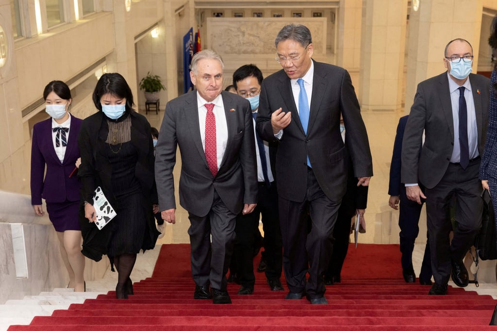 Australian Trade Minister Don Farrell (left) with his Chinese counterpart Wang Wentao (right) in Beijing last month. Photo: Australia’s Department of Foreign Affairs and Trade/Handout via Reuters