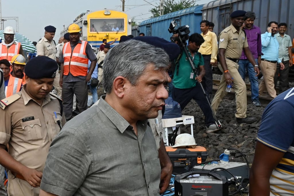 India’s Railways Minister Ashwini Vaishnaw arrives at the accident site of a train collision near Balasore. Photo: AFP