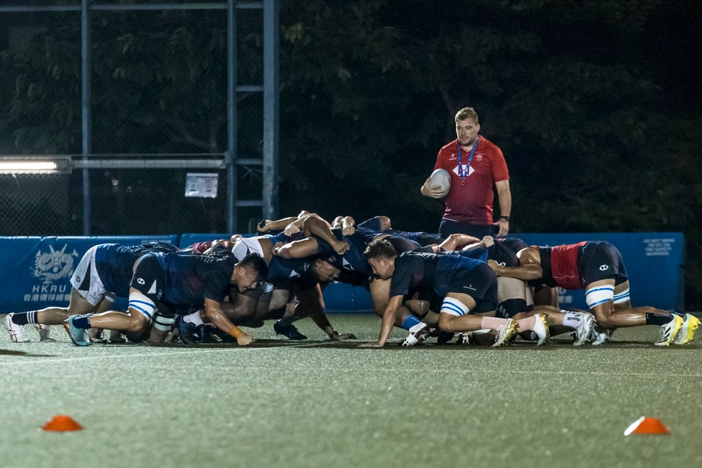 Hong Kong assistant coach Alex Allan puts the forwards through their paces during a training session at King’s Park. Photo: Handout