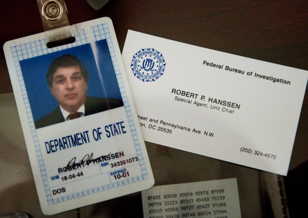 Former FBI agent Robert Hanssen’s identification and business cards are seen inside a display case at the FBI Academy in Quantico, Virginia, in May 2009. Photo: AFP