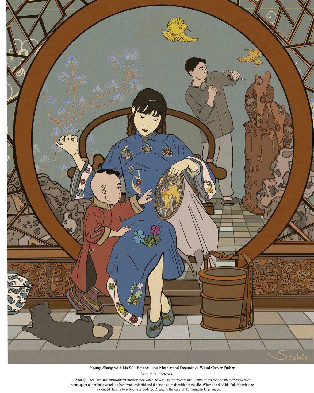 Toddler Zhang Chongren at the knee of his silk embroiderer mother. Illustration: Samuel Porteous Toddler Zhang Chongren at the knee of his silk embroiderer mother. Illustration: Samuel Porteous