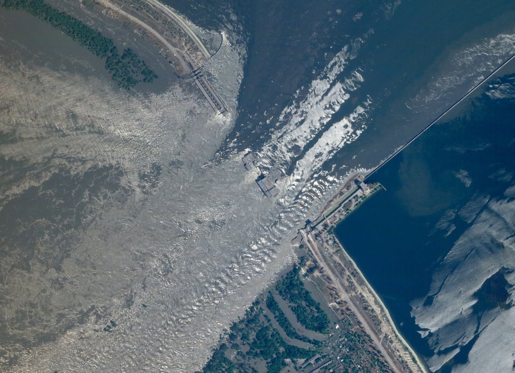 This satellite image provided by Planet Labs PBC shows an overview of the damage on the Kakhovka dam in southern Ukraine. Russia and Ukraine have blamed each other for the gaping hole. Photo: AP This satellite image provided by Planet Labs PBC shows an overview of the damage on the Kakhovka dam in southern Ukraine. Russia and Ukraine have blamed each other for the gaping hole. Photo: AP