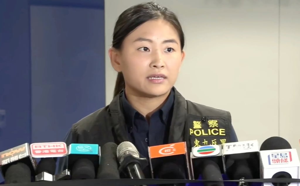 Acting chief inspector Ng Ka-lee of the Kowloon East regional anti-triad squad briefs the media on the arrest of a 27-year-old man suspected of attacking his former supervisor in a pedestrian underpass. Photo: Hong Kong Police
