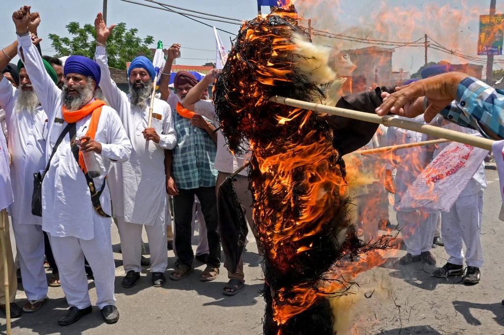 Protesting farmers in the state of Punjab burn an effigy of Indian Prime Minister Narendra Modi as they demand government support for the price of sunflower seeds on June 8. Photo: AFP