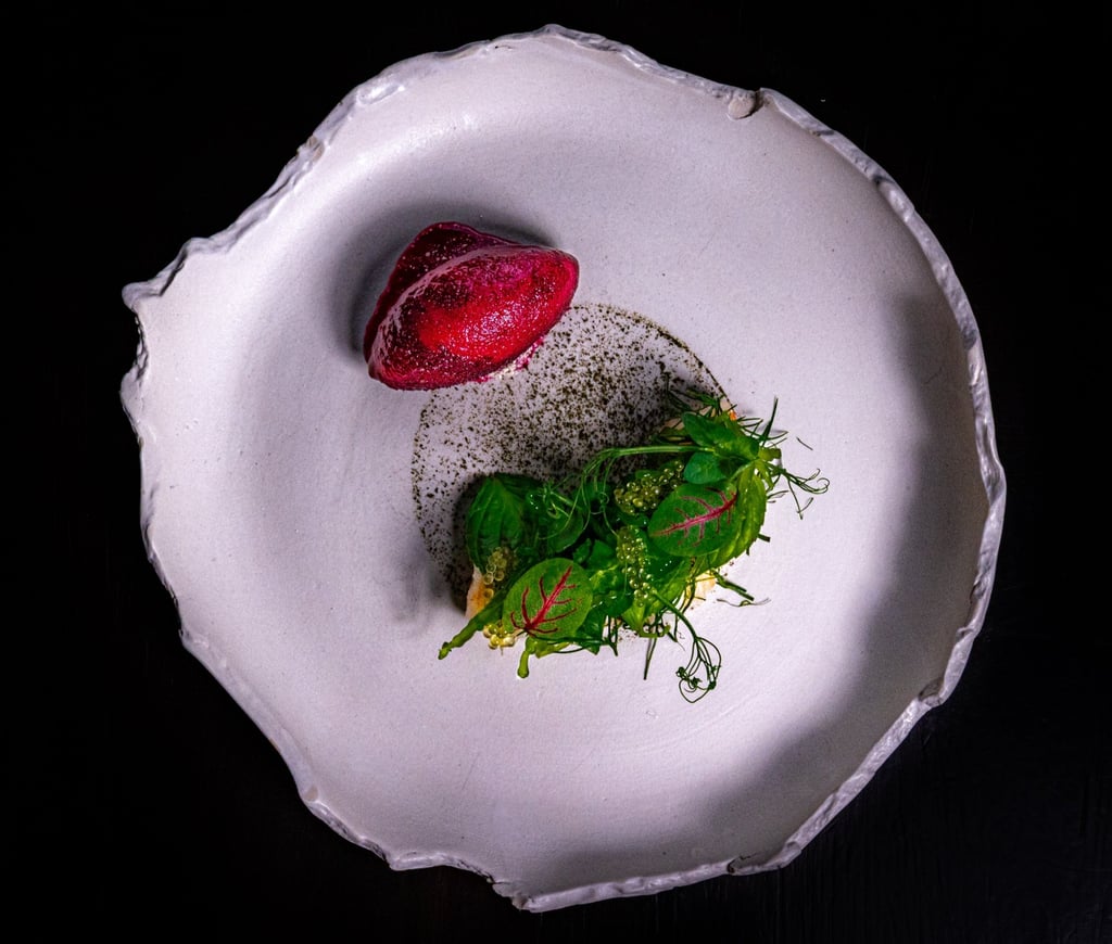 Banana prawn, seaweed, spicy beetroot at Le Du and Niras. Photo: Handout