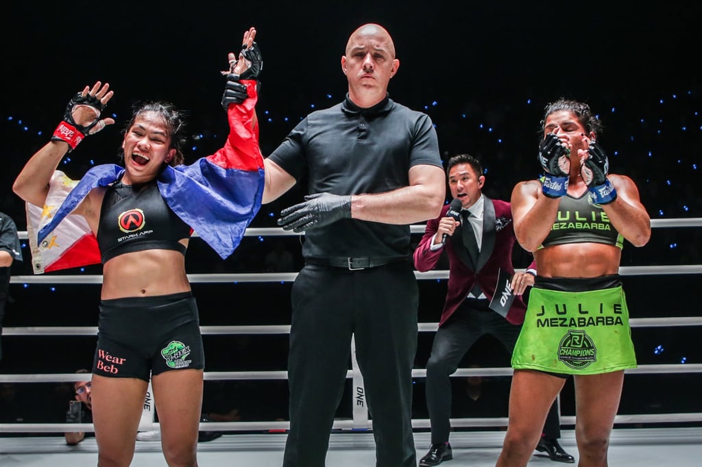 Denice Zamboanga celebrates her win over Julie Mezabarba at ONE Fight Night 9 in Bangkok.