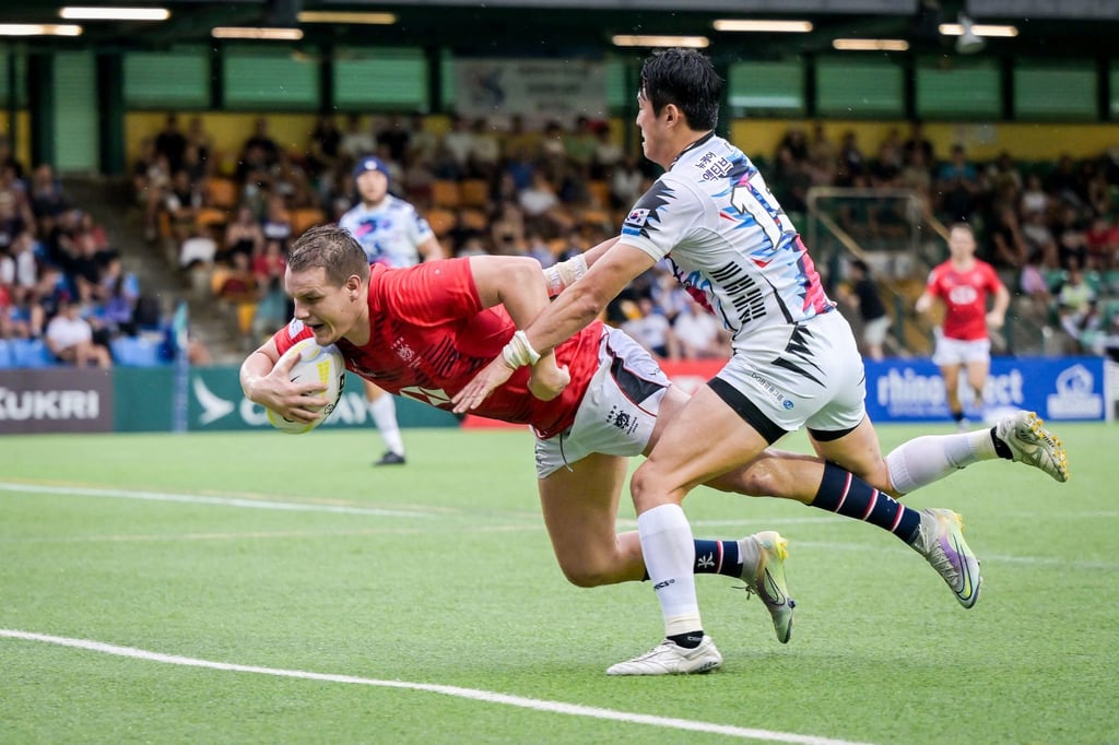Hong Kong captain Tom Hill scores against South Korea in the Asia Rugby Championship decider. Photo: HKRU