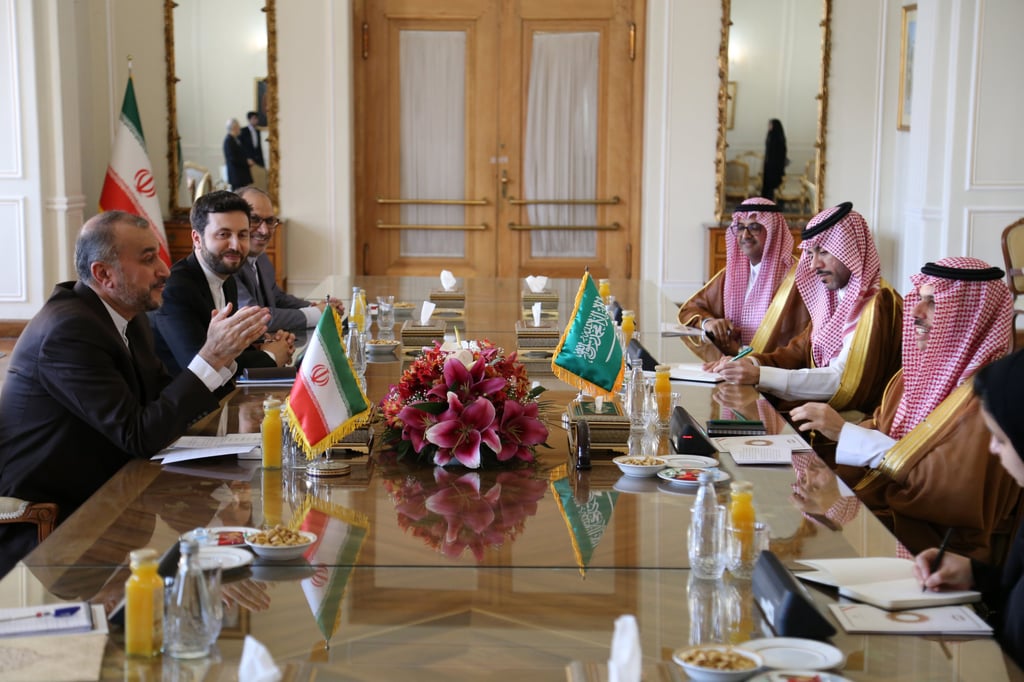 Iranian Foreign Minister Hossein Amir-Abdollahian, front left, meets his Saudi counterpart Faisal bin Farhan Al Saud, front right, in Iran on Saturday. Photo: Rouzbeh Fouladi / Zuma Press Wire / dpa