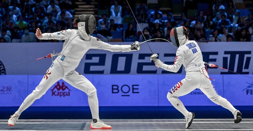 Vivian Kong Man-wai (left) in action against Sera Song in the épée final in Wuxi. Photo: Handout Vivian Kong Man-wai (left) in action against Sera Song in the épée final in Wuxi. Photo: Handout