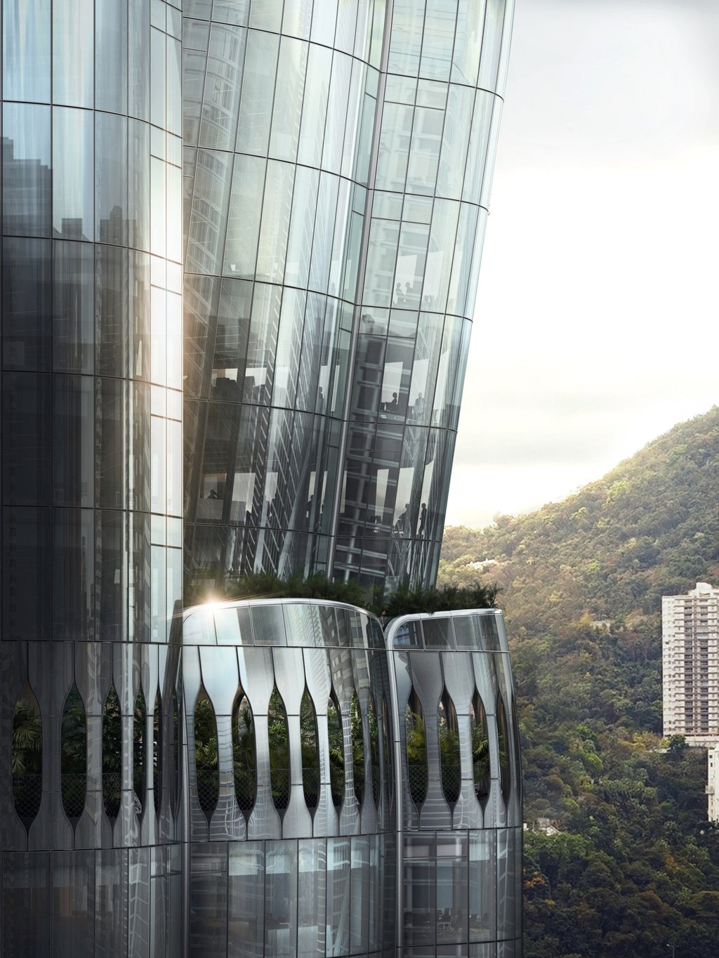 Henderson Land used 4,000 curved glass panels to create the organic shape of the building. Image: Cosmoscube Henderson Land used 4,000 curved glass panels to create the organic shape of the building. Image: Cosmoscube