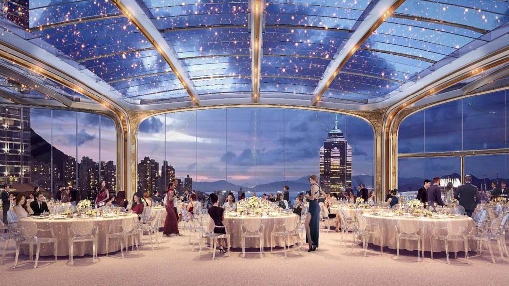 A rendering of the rooftop banquet hall, which will have panoramic views of Hong Kong. Image: Cosmoscube A rendering of the rooftop banquet hall, which will have panoramic views of Hong Kong. Image: Cosmoscube