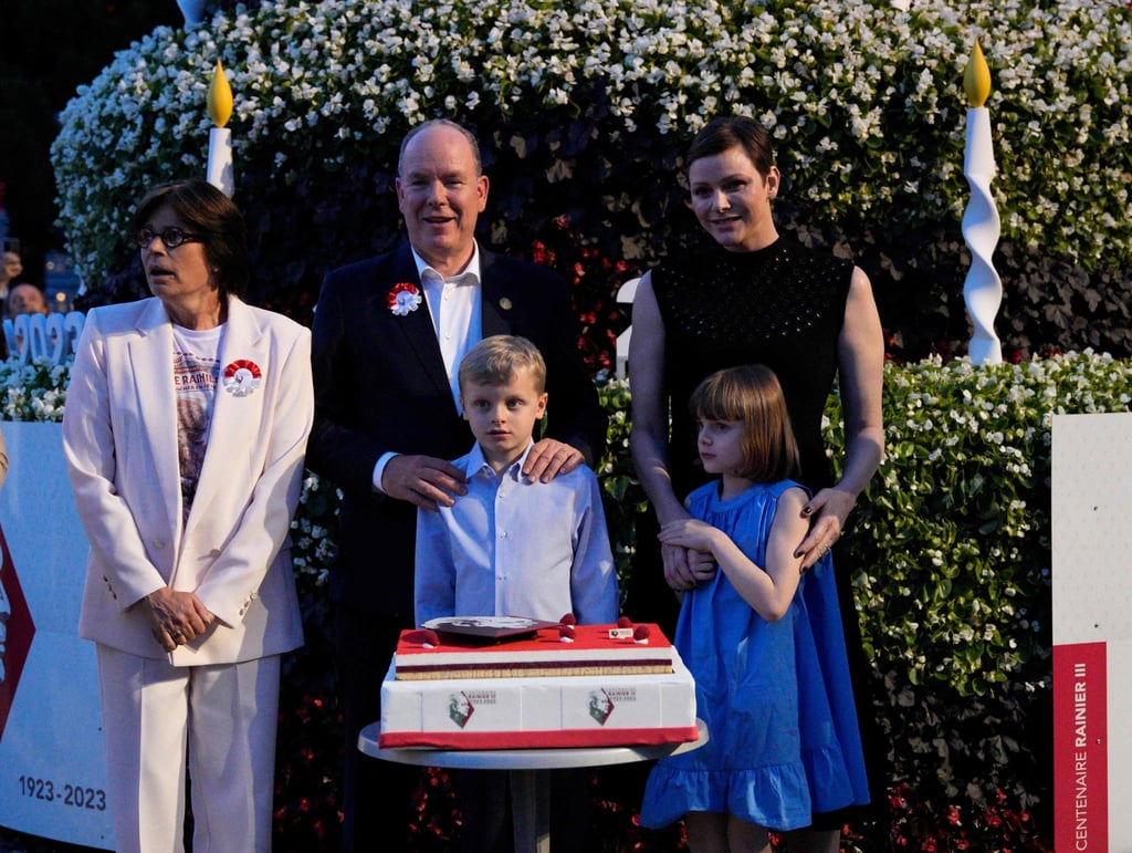 Princess Stephanie of Monaco (top left), Prince Albert of Monaco (top centre), Princess Charlene (top right) and Prince Jacques (bottom left) and Princess Gabriella (bottom right) during celebrations to mark the 100th anniversary of the late Rainier III, in Monaco, on May 31. Photo: AFP