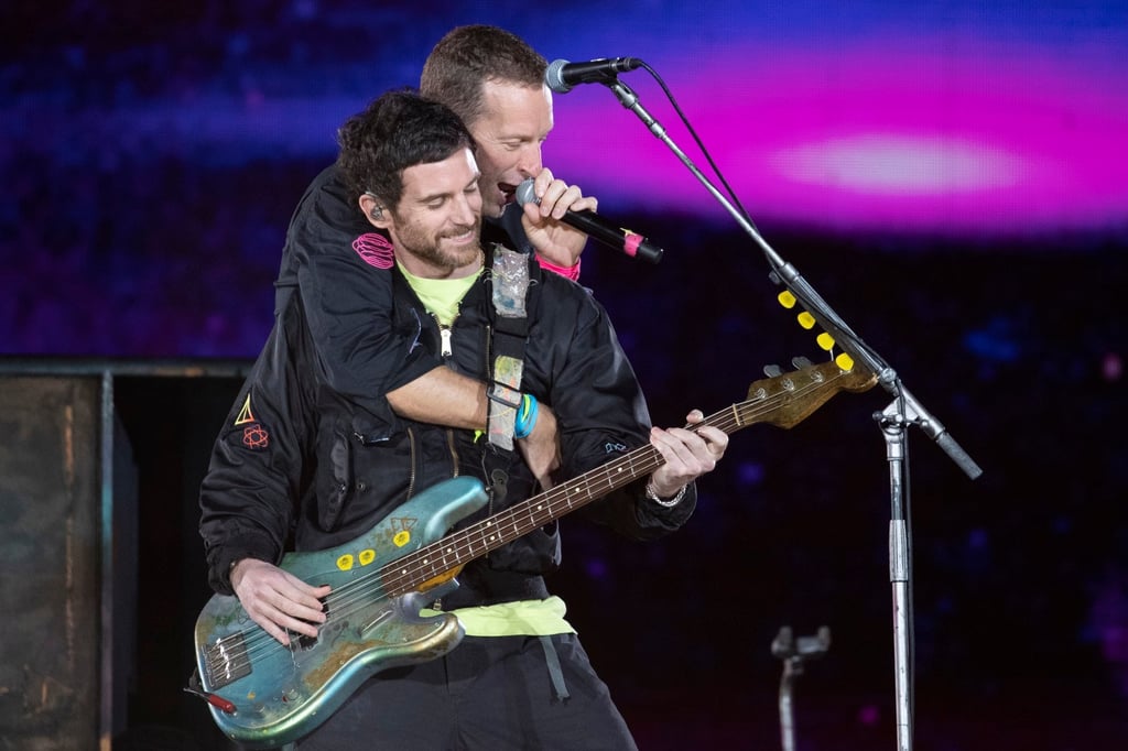 Singer Chris Martin and bassist Guy Berryman of British band Coldplay performing in Barcelona, Spain, on May 24, 2023. Photo: EPA-EFE