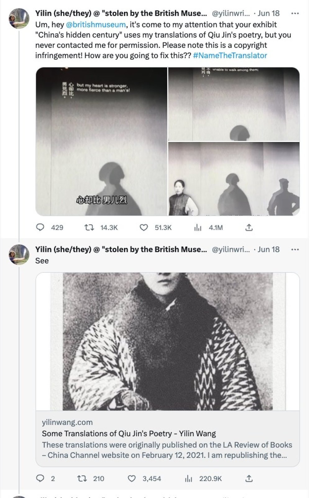 A tweet from translator Yilin Wang. The Chinese-English translator demanded her work be removed from the British Museum’s “China’s Hidden Century” exhibition. Photo: Twitter/@yilinwriter