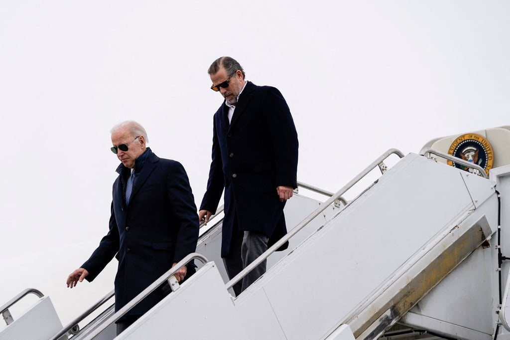 US President Joe Biden and Hunter Biden disembark from Air Force One. File photo: Reuters