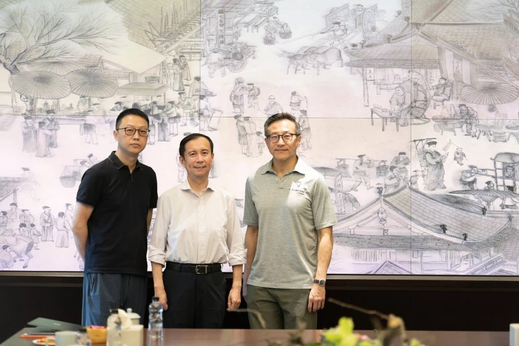 From left, Eddie Wu Yongming, Daniel Zhang Yong and Joseph Tsai pose for a picture at Alibaba’s headquarters in Hangzhou, June 20, 2023. Photo: Handout