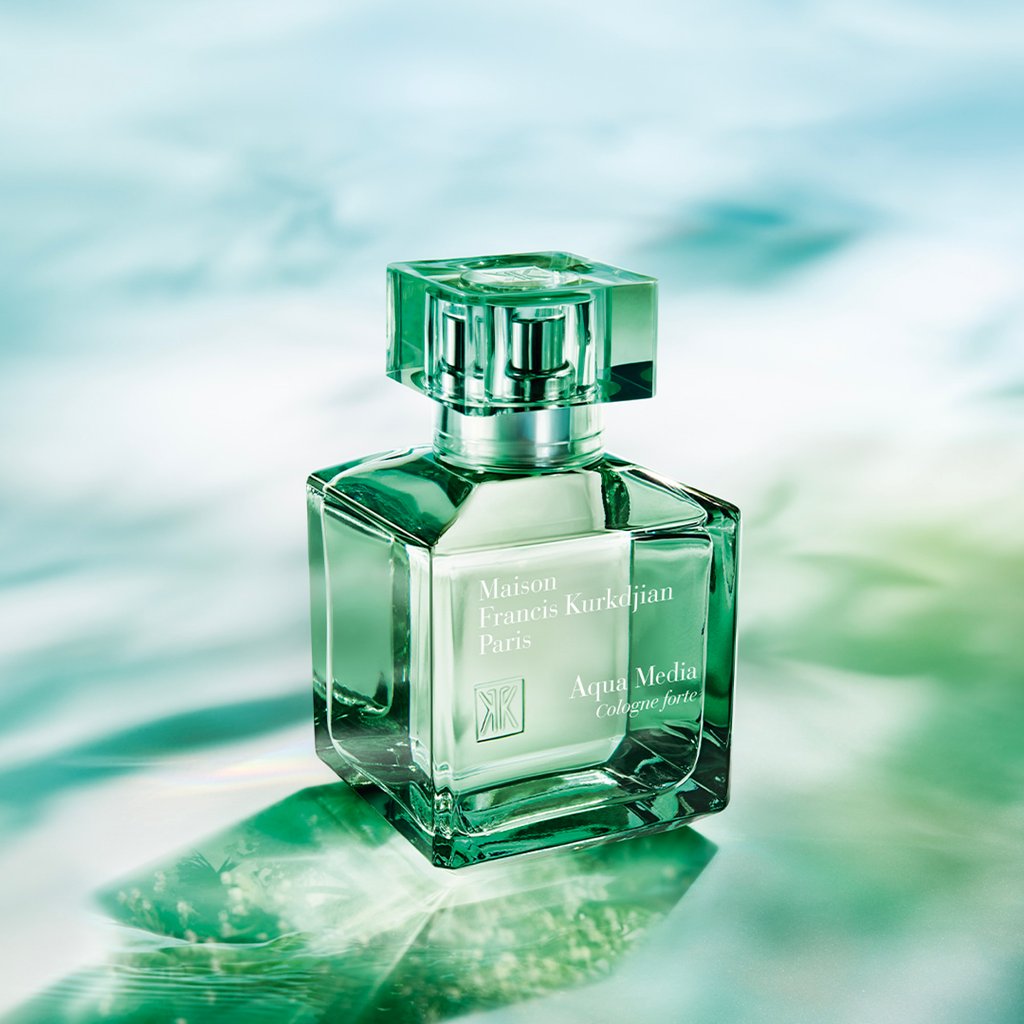 Maison Francis Kurkdjian’s Aqua Media Cologne Forte comes in a cube-shaped bottle in a colour evoking its name.