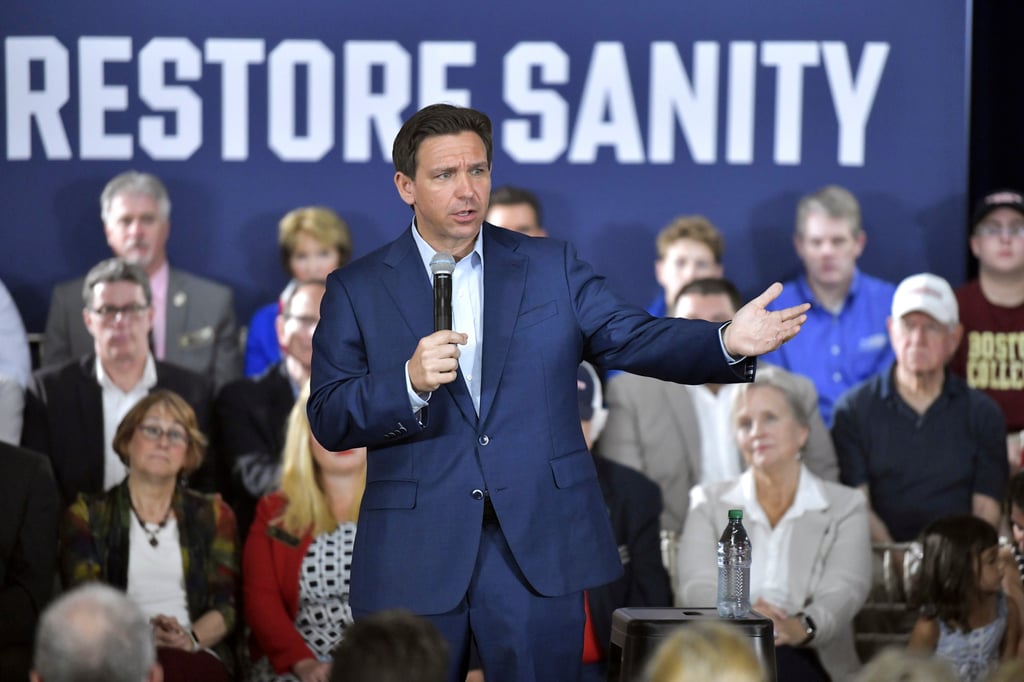 Republican presidential candidate and Florida Governor Ron DeSantis speaks at a town hall event in Hollis, New Hampshire, US on Tuesday. Photo: AP Republican presidential candidate and Florida Governor Ron DeSantis speaks at a town hall event in Hollis, New Hampshire, US on Tuesday. Photo: AP