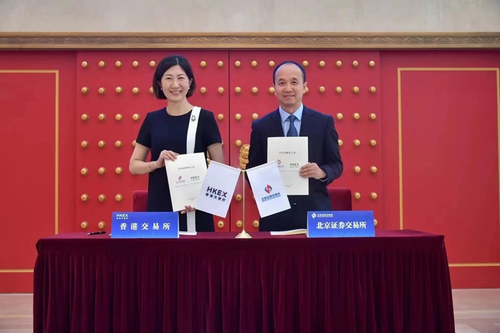 HKEX co-chief operating officer Bonnie Y Chan (left) and BSE deputy CEO Li Yongchun signed an MOU at the ceremony. Photo: Handout
