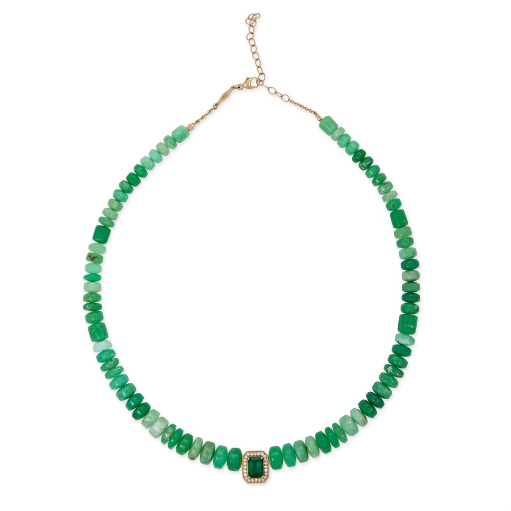 Pave Dia emerald baguette centre chrysoprase cylinder beaded necklace. Photo: Jacquie Aiche Pave Dia emerald baguette centre chrysoprase cylinder beaded necklace. Photo: Jacquie Aiche