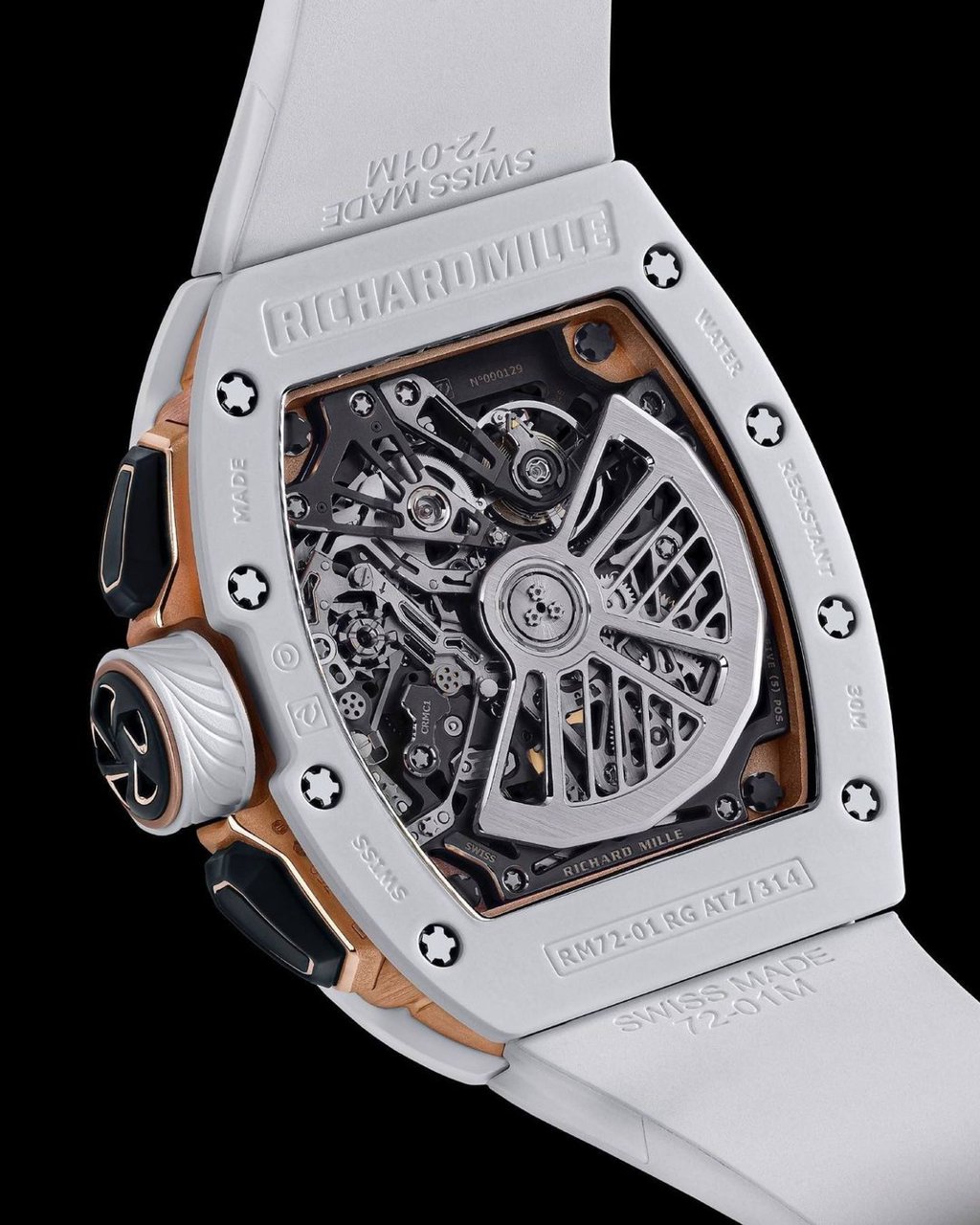The RM 72-01 openwork caseback is a hallmark of Richard Mille designs. The RM 72-01 openwork caseback is a hallmark of Richard Mille designs.