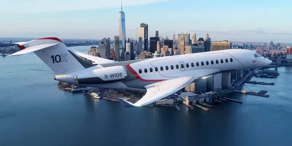 Dassault introduced a model of its Falcon 10X private jet during the Paris Air Show. Dassault introduced a model of its Falcon 10X private jet during the Paris Air Show.