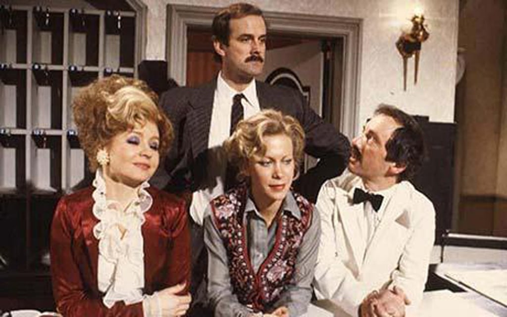 The cast of Fawlty Towers, including John Cleese (top) and Connie Booth (seated, centre). Photo: Handout