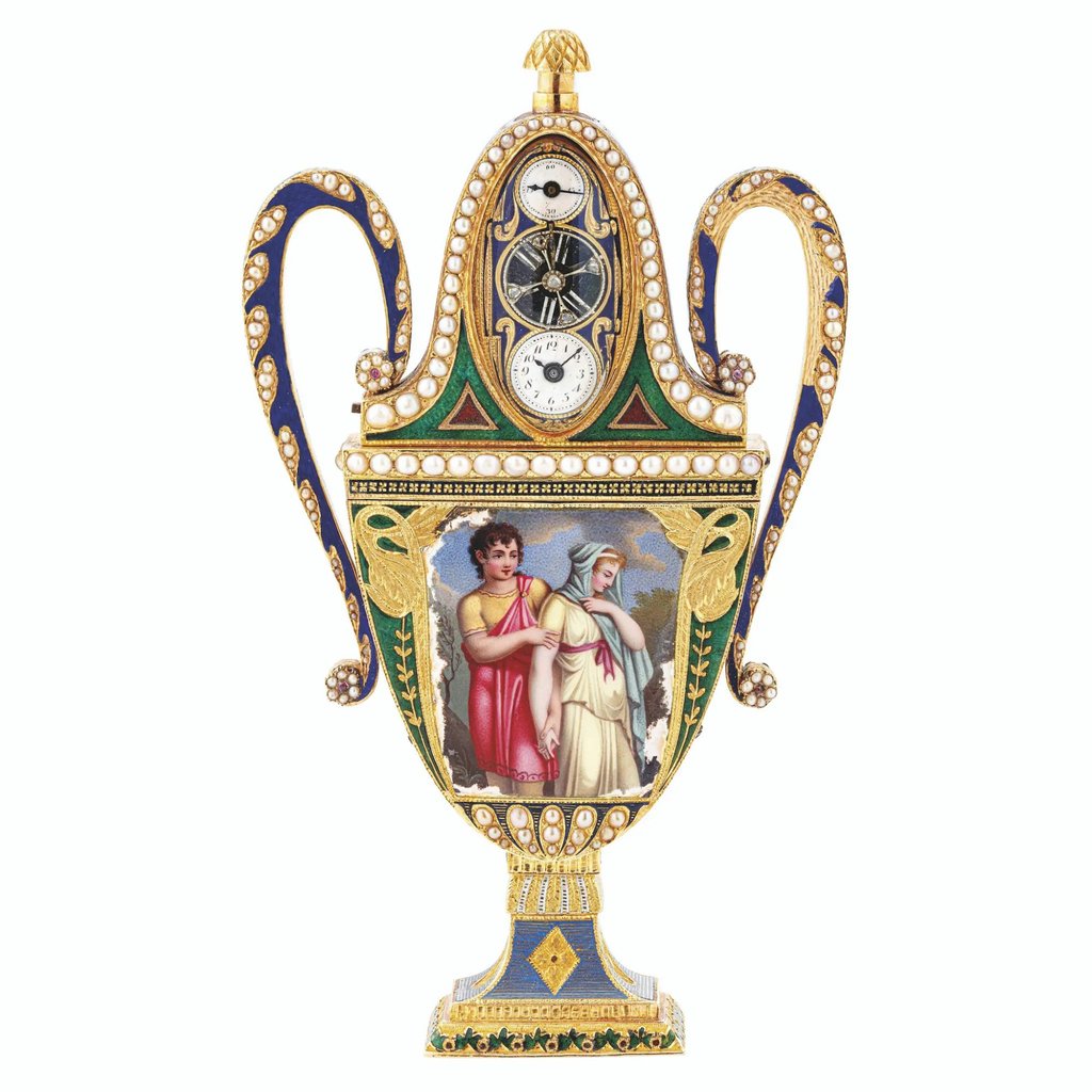 The Piguet & Capt 18-carat gold enamel and pearl amphora-shaped perfume bottle from 1805 features a hidden watch. Photo: FutureGrail