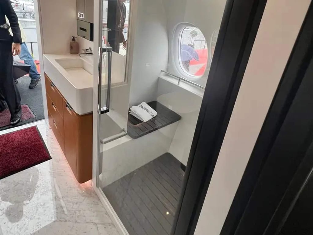 The shower room has a seat so guests can sit down and admire the outside views. The shower room has a seat so guests can sit down and admire the outside views.