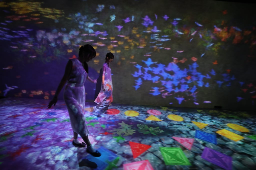 “Hopscotch for Geniuses: Bounce on the Water” at teamLab: Future Park, a digital interactive art display at Megabox in Kowloon Bay, Hong Kong. Photo: Xiaomei Chen “Hopscotch for Geniuses: Bounce on the Water” at teamLab: Future Park, a digital interactive art display at Megabox in Kowloon Bay, Hong Kong. Photo: Xiaomei Chen